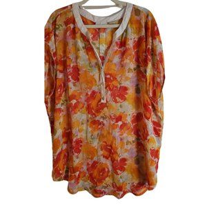 Liz Claiborne  Blouse Flower Detail Short Sleeve Tangerine Red Watercolor Sheer